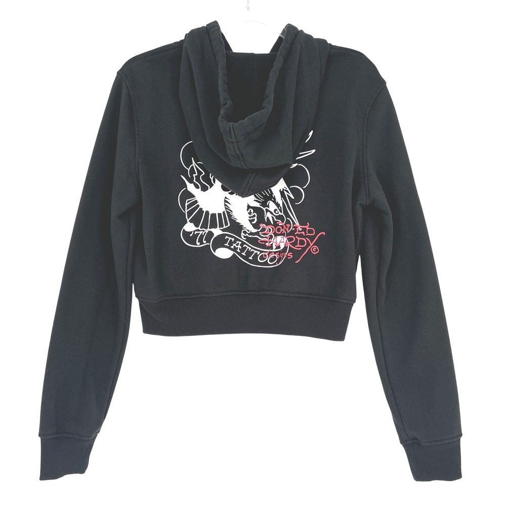 Ed Hardy Zip Up Hoodie Women XL Black Cropped Tattoo Heart Eagle Y2K Streetwear - Picture 4 of 4